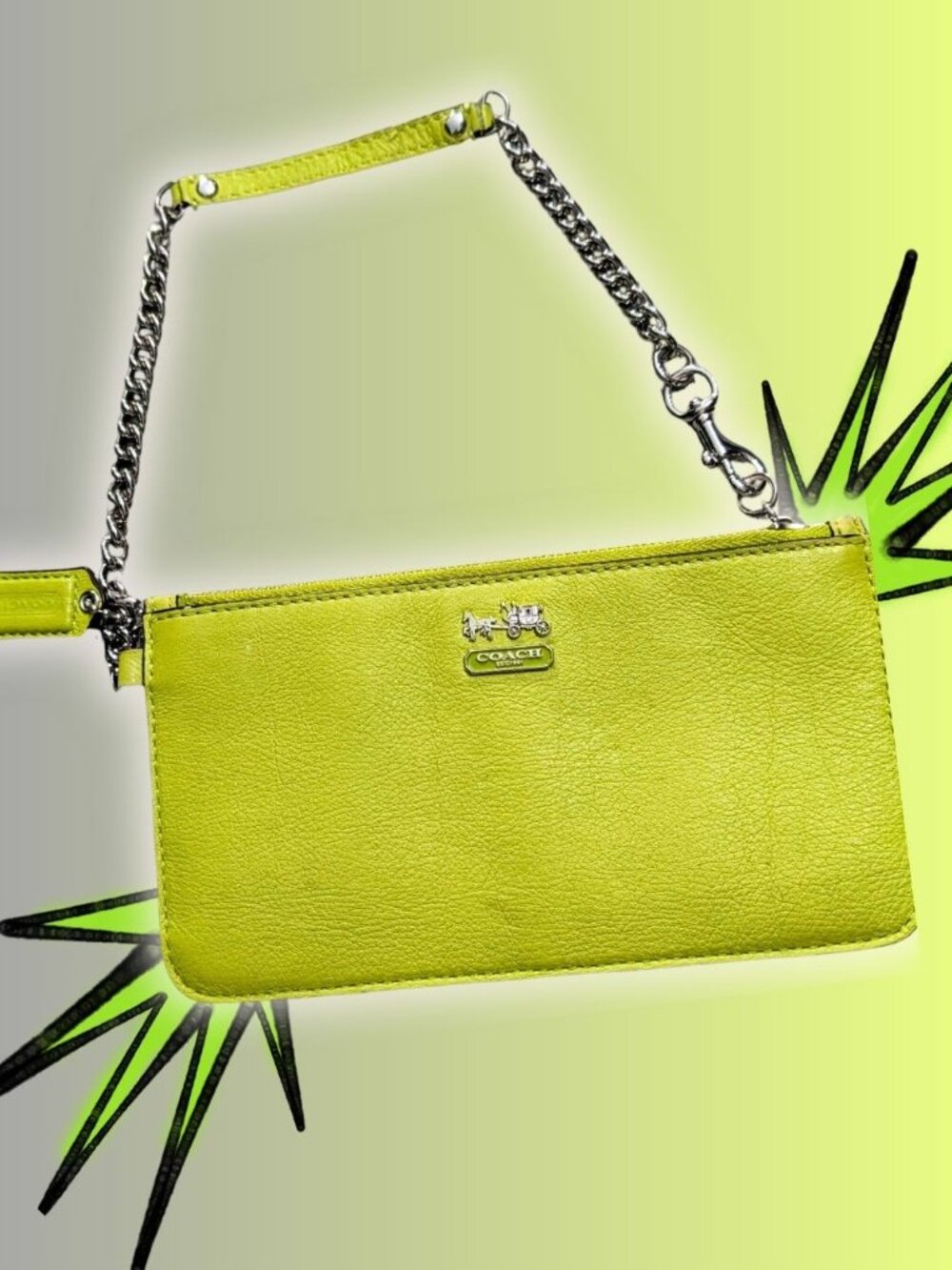 Coach Chartreuse Green Leather Wristlet Chain Bag Y2K Brat Mini Purse